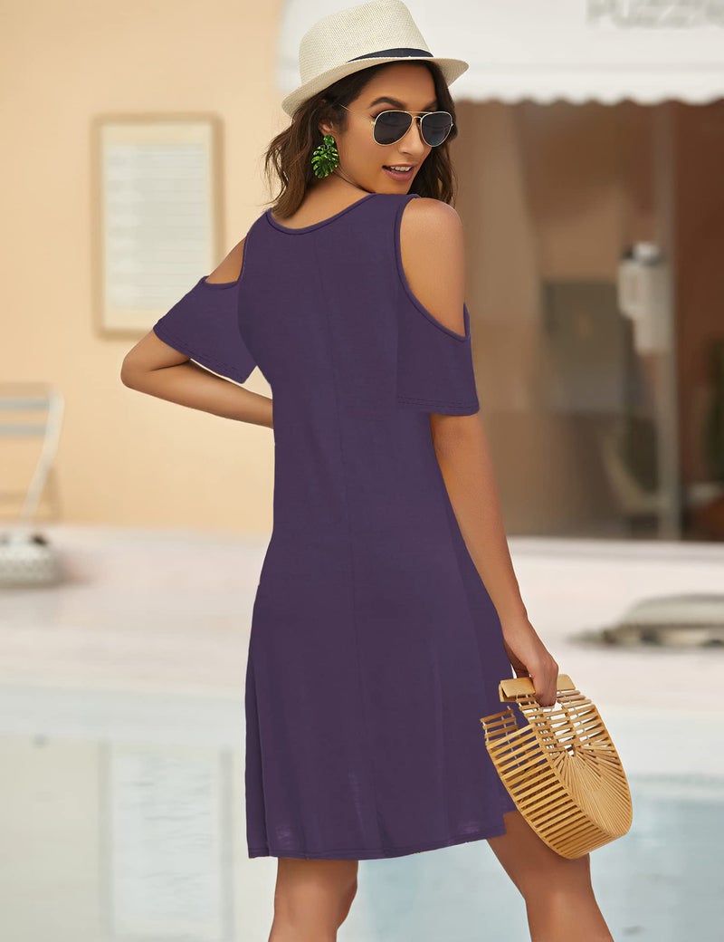 Bluetime Women Cold Shoulder Summer Dress Short Sleeve Beach Casual Loose Swing Dress (XXL, Purple) - Image 4